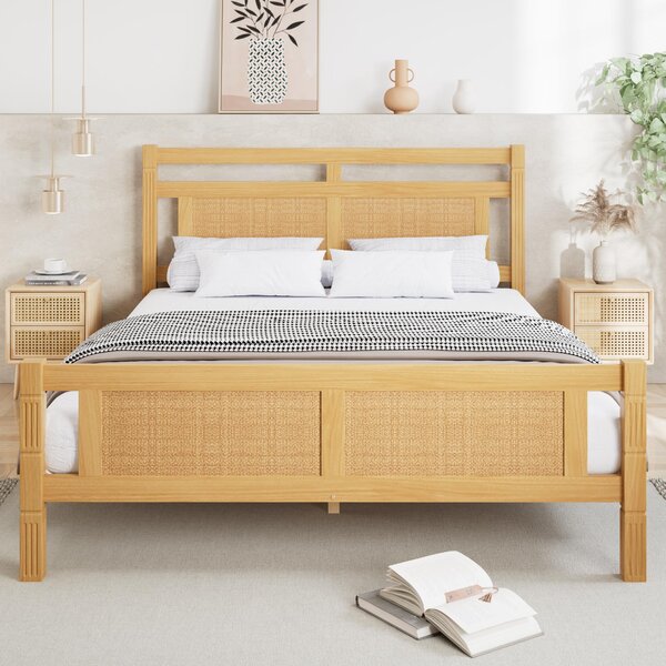 4ft6 Double Bed with Natural Timber Finish and MDF Back Panel, Upholstered Bed with Sturdy Plywood Slats, 199L x 142W x 98H cm, Natural Aosom UK
