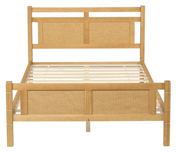 4ft6 Double Bed with Natural Timber Finish and MDF Back Panel, Upholstered Bed with Sturdy Plywood Slats, 199L x 142W x 98H cm, Natural Aosom UK