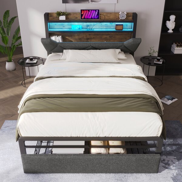 3ft Stylish Upholstered Single Bed with LED Lighting, USB Type-C Charging, Storage Bed with Headboard, Drawers, 208L x 92W x 110H cm, Grey Aosom UK