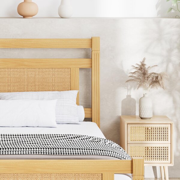 4ft6 Double Bed with Natural Timber Finish and MDF Back Panel, Upholstered Bed with Sturdy Plywood Slats, 199L x 142W x 98H cm, Natural Aosom UK