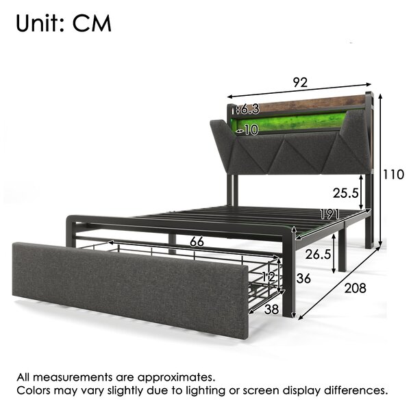 3ft Stylish Upholstered Single Bed with LED Lighting, USB Type-C Charging, Storage Bed with Headboard, Drawers, 208L x 92W x 110H cm, Grey Aosom UK