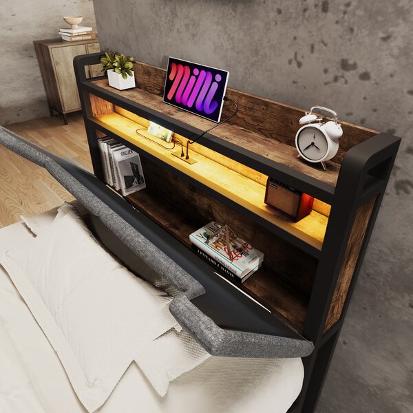 3ft Stylish Upholstered Single Bed with LED Lighting, USB Type-C Charging, Storage Bed with Headboard, Drawers, 208L x 92W x 110H cm, Grey Aosom UK
