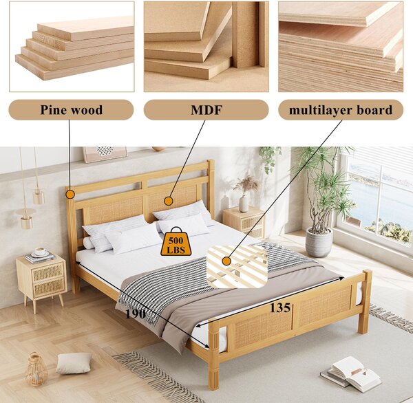 4ft6 Double Bed with Natural Timber Finish and MDF Back Panel, Upholstered Bed with Sturdy Plywood Slats, 199L x 142W x 98H cm, Natural Aosom UK