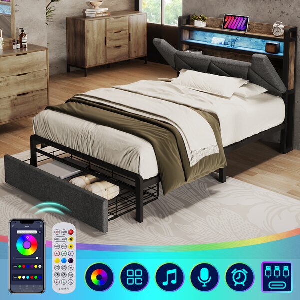 3ft Stylish Upholstered Single Bed with LED Lighting, USB Type-C Charging, Storage Bed with Headboard, Drawers, 208L x 92W x 110H cm, Grey Aosom UK