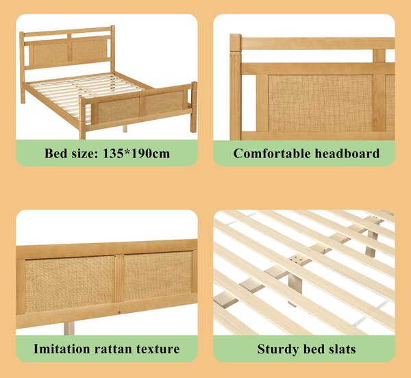 4ft6 Double Bed with Natural Timber Finish and MDF Back Panel, Upholstered Bed with Sturdy Plywood Slats, 199L x 142W x 98H cm, Natural Aosom UK