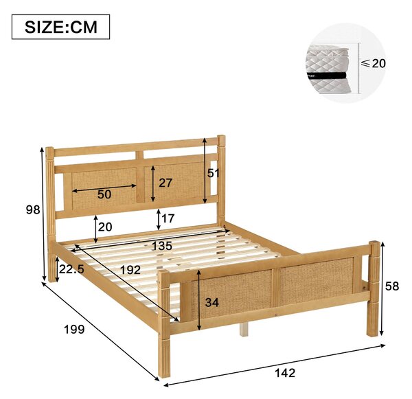 4ft6 Double Bed with Natural Timber Finish and MDF Back Panel, Upholstered Bed with Sturdy Plywood Slats, 199L x 142W x 98H cm, Natural Aosom UK