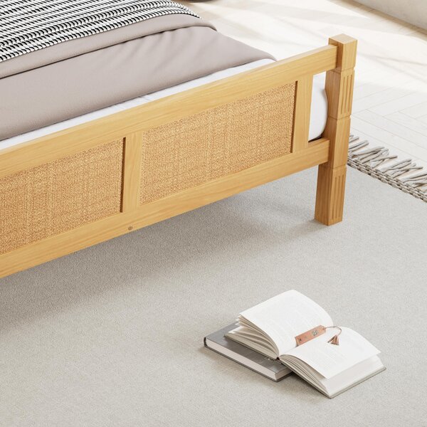 4ft6 Double Bed with Natural Timber Finish and MDF Back Panel, Upholstered Bed with Sturdy Plywood Slats, 199L x 142W x 98H cm, Natural Aosom UK
