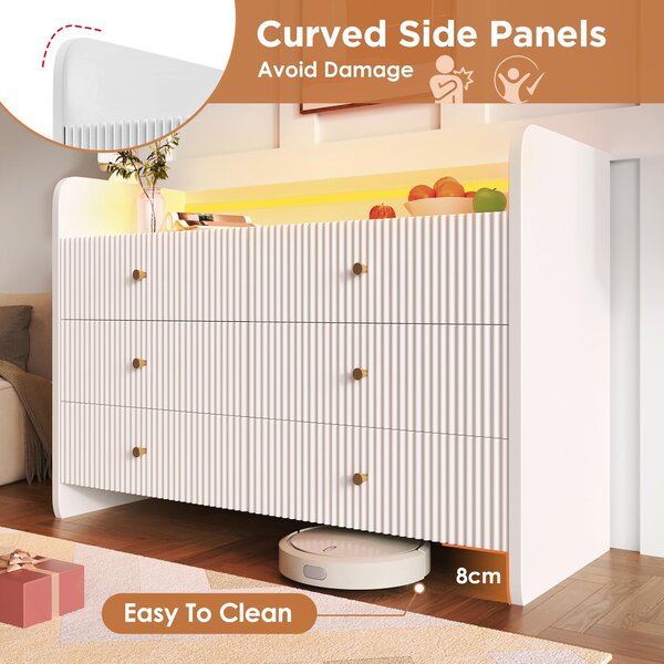 6-Drawer Sideboard with RGB LED Lighting, Fluted Design, Storage Cabinet for Bedroom, Living Room, Dining Room, 120L x 40W x 75H cm, White Aosom.UK
