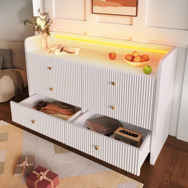 6-Drawer Sideboard with RGB LED Lighting, Fluted Design, Storage Cabinet for Bedroom, Living Room, Dining Room, 120L x 40W x 75H cm, White Aosom.UK