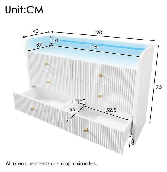 6-Drawer Sideboard with RGB LED Lighting, Fluted Design, Storage Cabinet for Bedroom, Living Room, Dining Room, 120L x 40W x 75H cm, White Aosom.UK