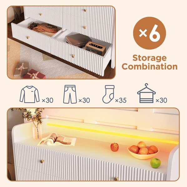 6-Drawer Sideboard with RGB LED Lighting, Fluted Design, Storage Cabinet for Bedroom, Living Room, Dining Room, 120L x 40W x 75H cm, White Aosom.UK