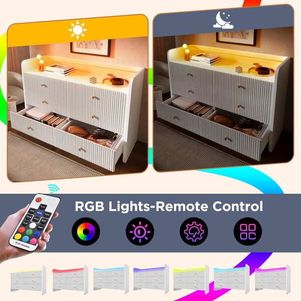 6-Drawer Sideboard with RGB LED Lighting, Fluted Design, Storage Cabinet for Bedroom, Living Room, Dining Room, 120L x 40W x 75H cm, White Aosom.UK