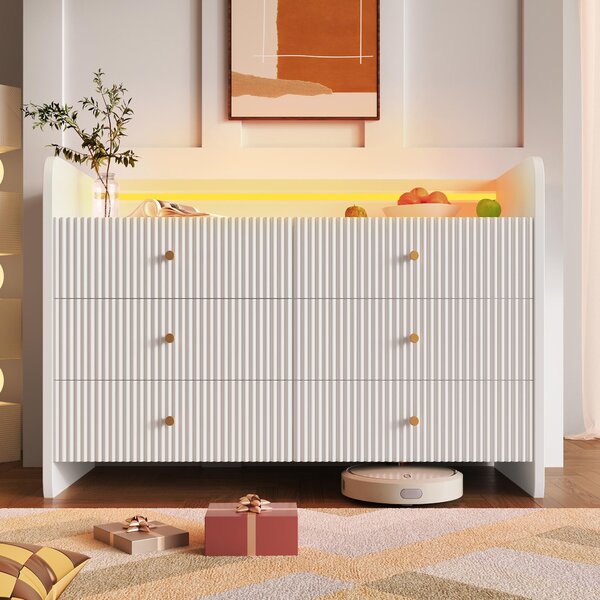 6-Drawer Sideboard with RGB LED Lighting, Fluted Design, Storage Cabinet for Bedroom, Living Room, Dining Room, 120L x 40W x 75H cm, White Aosom.UK