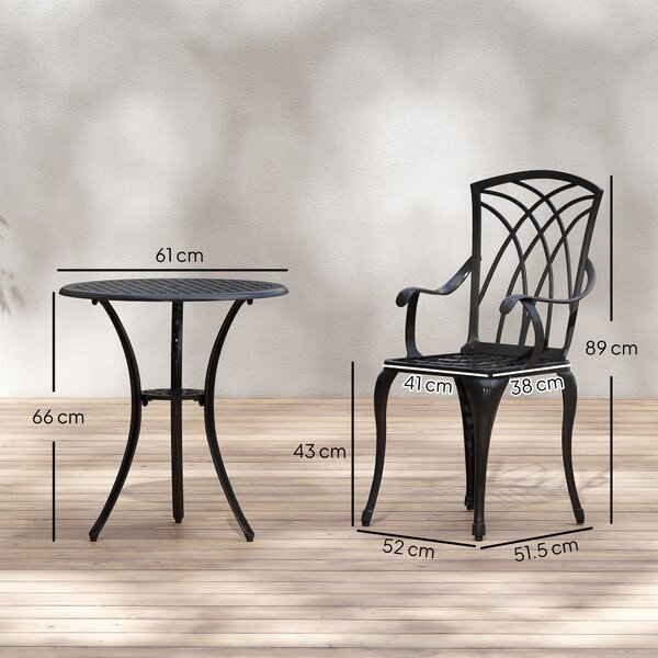 Outsunny Patio Cast Aluminium 3 PCS Bistro Set Coffee Table & 2 Chairs Set Outdoor Garden Furniture Set