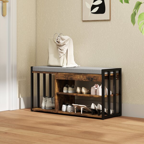 HOMCOM Shoe Storage with Seat, Upholstered Entryway Bench, Shoe Bench with 3 Open Shelves for Hallway, Rustic Brown