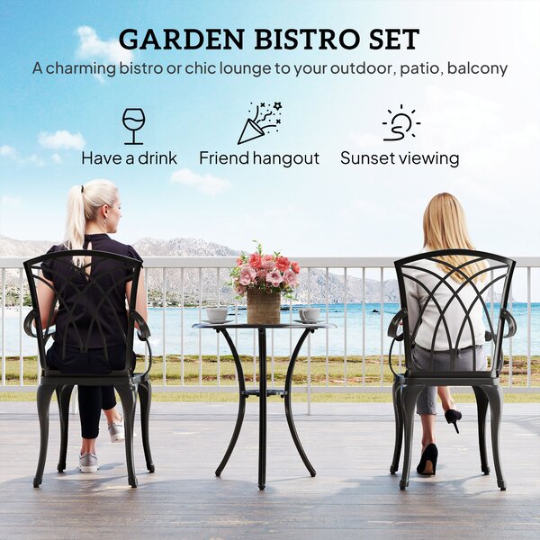 Outsunny Patio Cast Aluminium 3 PCS Bistro Set Coffee Table & 2 Chairs Set Outdoor Garden Furniture Set