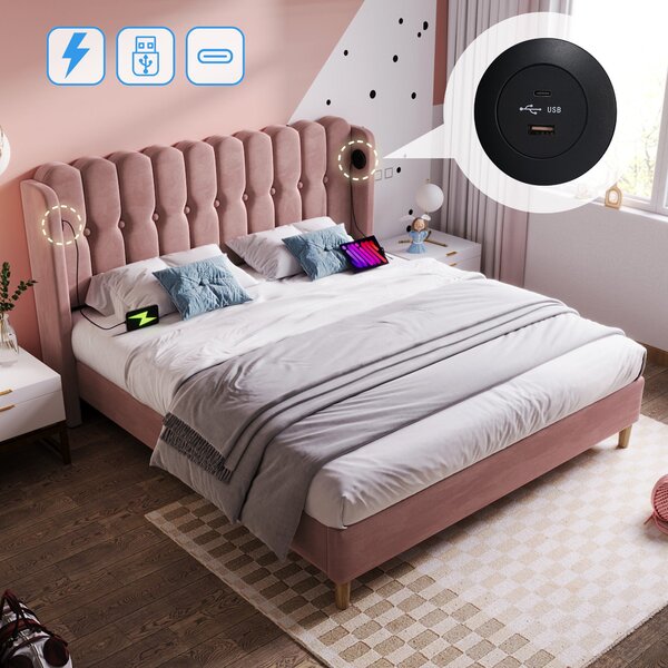 Upholstered Velvet Double Bed with USB and Type-C Charging Ports, Wooden Slatted Frame, Comfortable and Skin-Friendly Teenager Bed, Pink Aosom UK