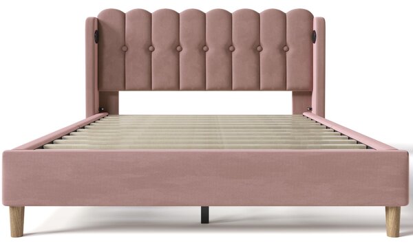 Upholstered Velvet Double Bed with USB and Type-C Charging Ports, Wooden Slatted Frame, Comfortable and Skin-Friendly Teenager Bed, Pink Aosom UK