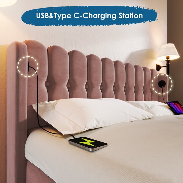 Upholstered Velvet Double Bed with USB and Type-C Charging Ports, Wooden Slatted Frame, Comfortable and Skin-Friendly Teenager Bed, Pink Aosom UK