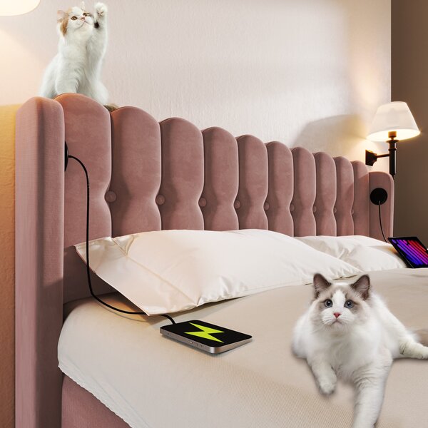 Upholstered Velvet Double Bed with USB and Type-C Charging Ports, Wooden Slatted Frame, Comfortable and Skin-Friendly Teenager Bed, Pink Aosom UK