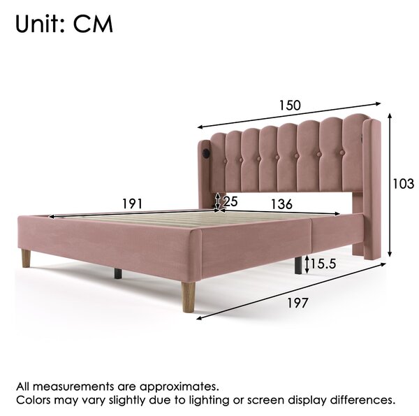 Upholstered Velvet Double Bed with USB and Type-C Charging Ports, Wooden Slatted Frame, Comfortable and Skin-Friendly Teenager Bed, Pink Aosom UK