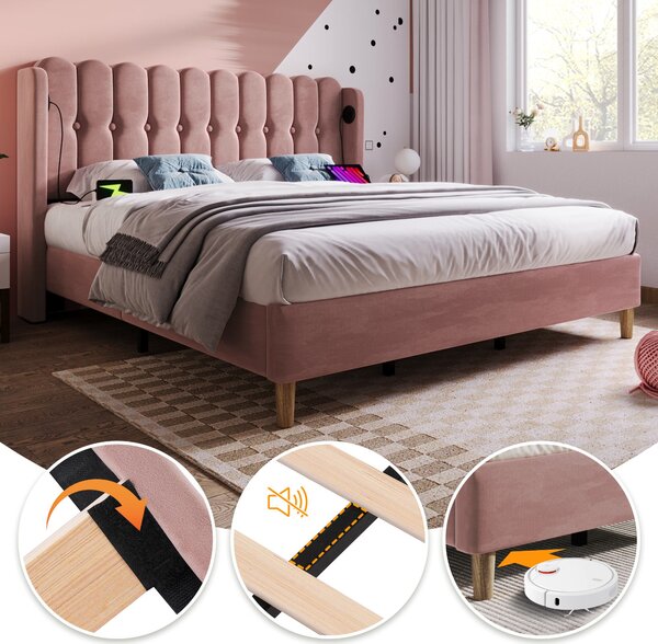Upholstered Velvet Double Bed with USB and Type-C Charging Ports, Wooden Slatted Frame, Comfortable and Skin-Friendly Teenager Bed, Pink Aosom UK