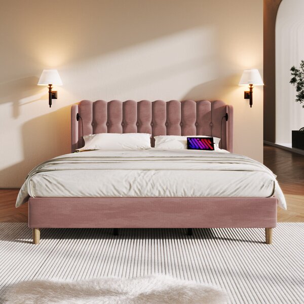 Upholstered Velvet Double Bed with USB and Type-C Charging Ports, Wooden Slatted Frame, Comfortable and Skin-Friendly Teenager Bed, Pink Aosom UK