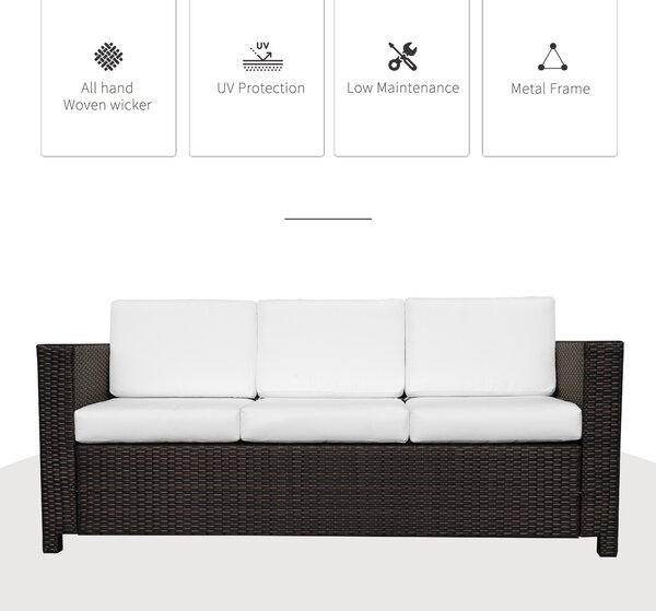 Outsunny 3 Seater All Weather Outdoor Sofa, Weatherproof Outdoor Sofa with Wicker Weave Metal Frame and Fire Resistant Cushion, Brown Aosom UK