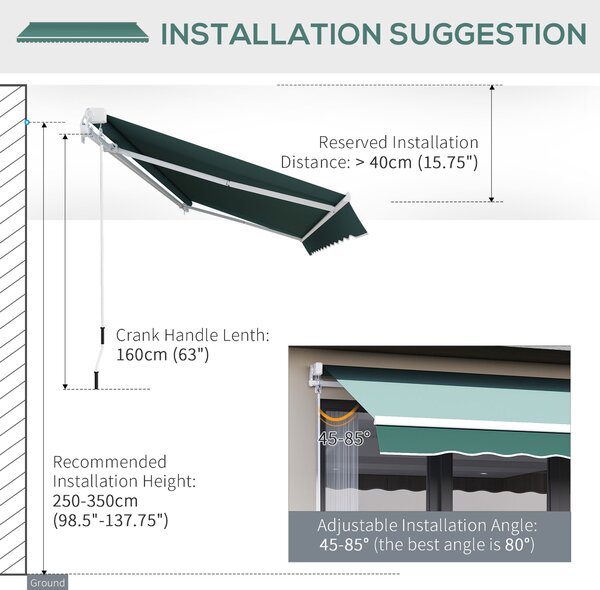 Outsunny Manual Retractable Garden Patio Awning, Sun Shade Shelter with Winding Handle, 2.5m x 2m, Green Aosom UK