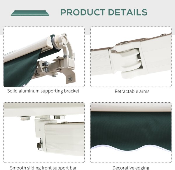 Outsunny Manual Retractable Garden Patio Awning, Sun Shade Shelter with Winding Handle, 2.5m x 2m, Green Aosom UK