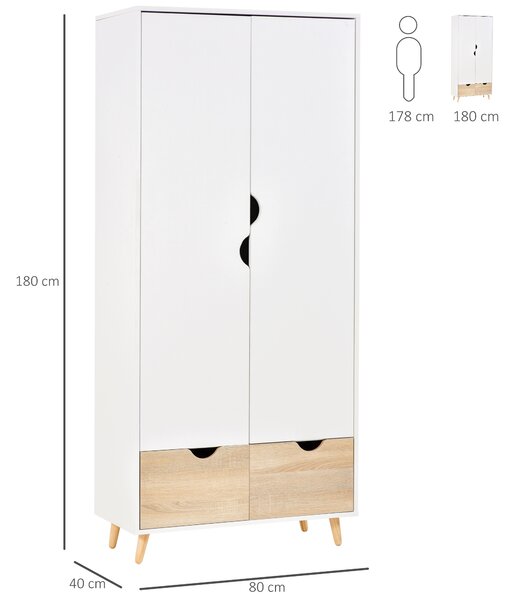 HOMCOM 2-Door Clothes Wardrobe w/ Rail Shelf 2 Drawers Wood Feet Elegant Home Storage Organisation Furniture Dresses Coats Blankets White Aosom UK