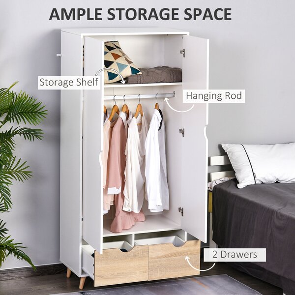 HOMCOM 2-Door Clothes Wardrobe w/ Rail Shelf 2 Drawers Wood Feet Elegant Home Storage Organisation Furniture Dresses Coats Blankets White Aosom UK