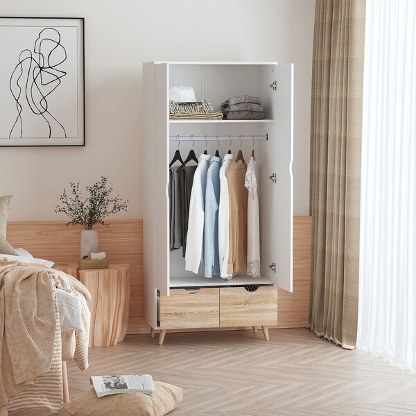HOMCOM 2-Door Clothes Wardrobe w/ Rail Shelf 2 Drawers Wood Feet Elegant Home Storage Organisation Furniture Dresses Coats Blankets White Aosom UK