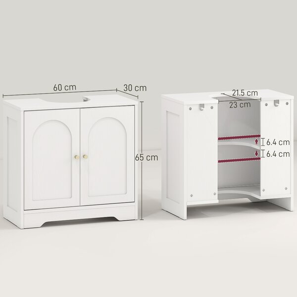 HOMCOM Under Sink Bathroom Cabinet with 2 Arch Doors - White
