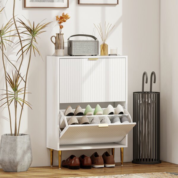 HOMCOM Narrow Shoe Cabinet with 2 Flip Drawers - White