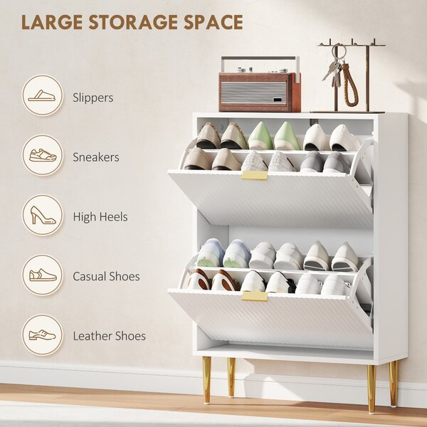 HOMCOM Narrow Shoe Cabinet with 2 Flip Drawers - White