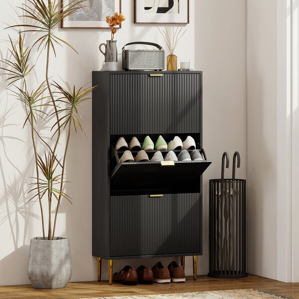 HOMCOM Narrow Shoe Cabinet with 3 Flip Drawers - Black