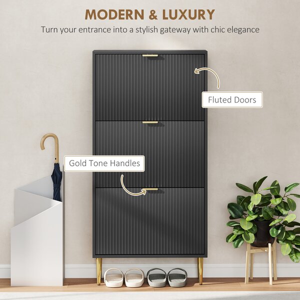 HOMCOM Narrow Shoe Cabinet with 3 Flip Drawers - Black