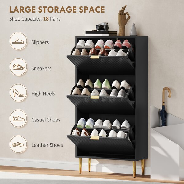HOMCOM Narrow Shoe Cabinet with 3 Flip Drawers - Black