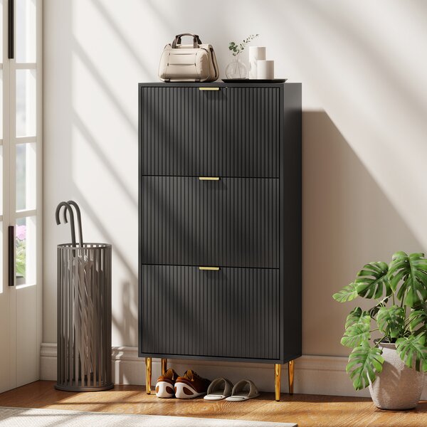 HOMCOM Narrow Shoe Cabinet with 3 Flip Drawers - Black