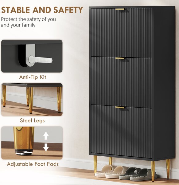 HOMCOM Narrow Shoe Cabinet with 3 Flip Drawers - Black