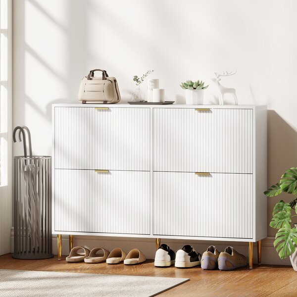 HOMCOM Narrow Shoe Cabinet with 4 Flip Drawers - White