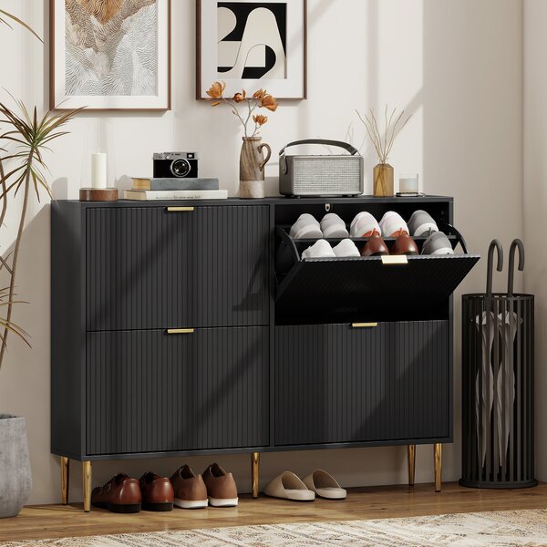 HOMCOM Narrow Shoe Cabinet with 4 Flip Drawers - Black