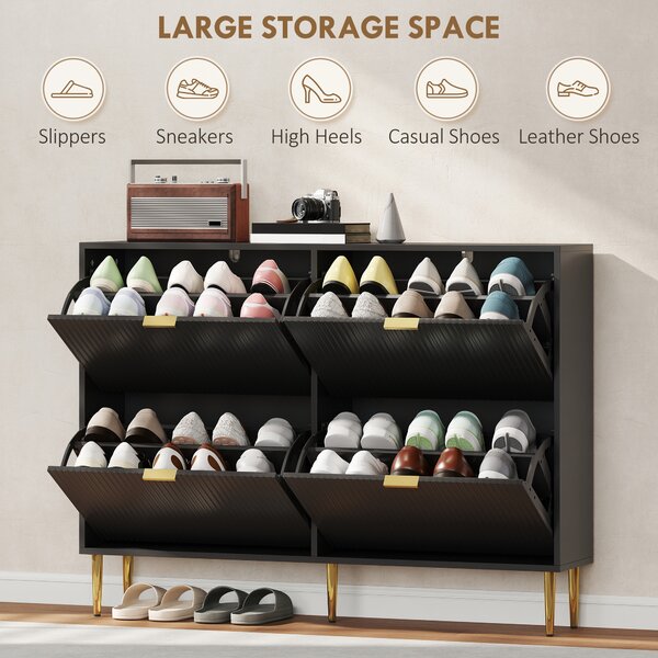 HOMCOM Narrow Shoe Cabinet with 4 Flip Drawers - Black