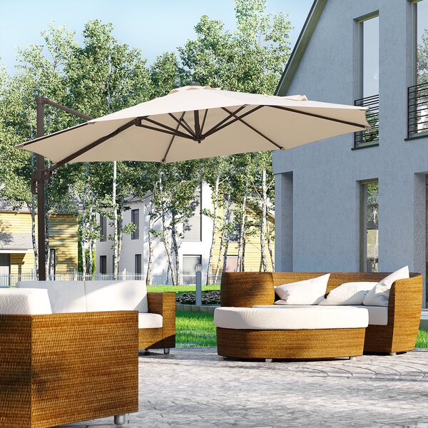 Outsunny Banana Parasol 3M Cantilever Umbrella with Cross Base, Aluminium Frame, 360° Rotation, Hand Crank, Beige Aosom UK