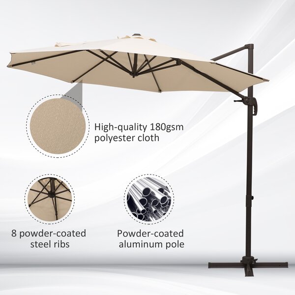 Outsunny Banana Parasol 3M Cantilever Umbrella with Cross Base, Aluminium Frame, 360° Rotation, Hand Crank, Beige Aosom UK