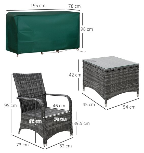 Outsunny Rattan Garden Furniture 2-Seater Sofa Chair Table Bistro Set Wicker Weave Outdoor Patio Conservatory Set w/ Cover Steel Frame, Grey