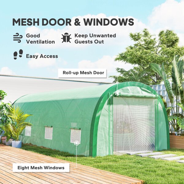 Outsunny 6 x 3(m) Polytunnel Greenhouse with Upgraded Structure, Mesh Door and Windows, 15 Plant Labels, Green Aosom UK