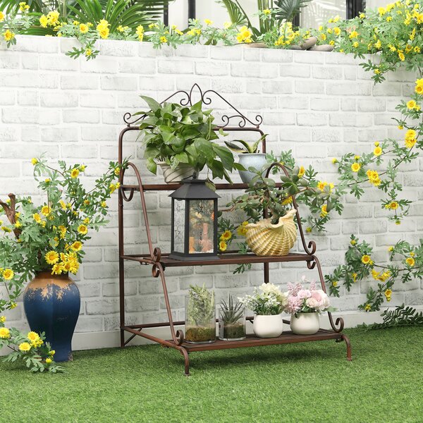 Outsunny 3 Tier Stair Style Metal Plant Stand, Flower Pot Holder Display Shelf, Storage Organizer Rack for Indoor Outdoor Patio Balcony Aosom UK