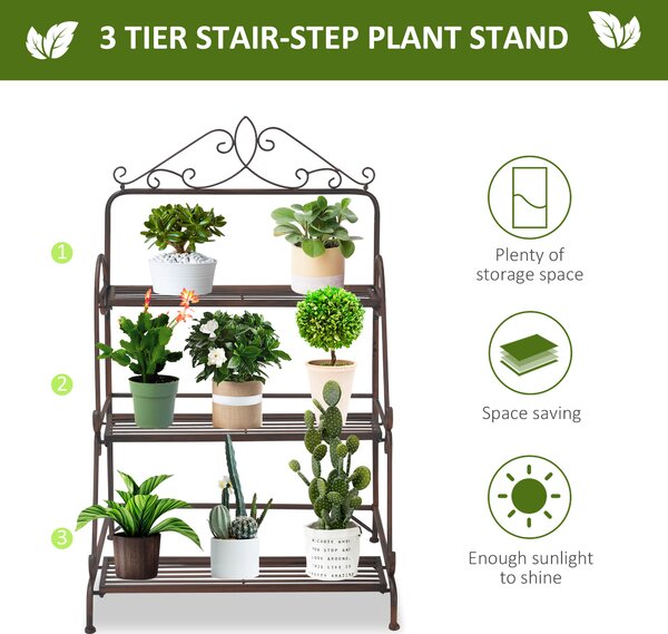 Outsunny 3 Tier Stair Style Metal Plant Stand, Flower Pot Holder Display Shelf, Storage Organizer Rack for Indoor Outdoor Patio Balcony Aosom UK